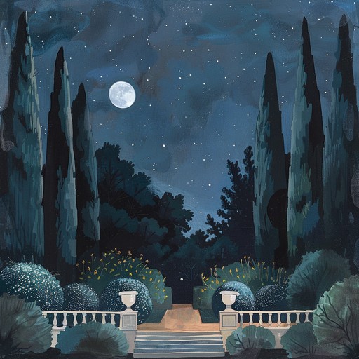 Imagine walking through a moonlit garden, where each gentle step is accompanied by the soft, lilting melody of a classical waltz. The music flows tenderly, with subtle shimmers of nocturnal magic, capturing the essence of a peaceful summer evening. Each note invites you to dance slowly and embrace the calmness of the night.