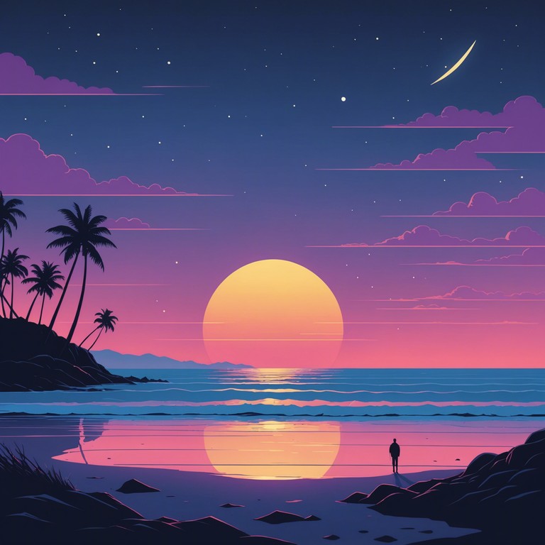 This composition mirrors a tranquil journey under a moonlit sky, with soft neon lights creating an ethereal backdrop, emphasized by soothing synthesizer melodies. It's an invitation to unwind and indulge in serene contemplation.