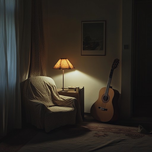 A lonely guitar strumming gently in a quiet, dimly lit bedroom, creating a somber atmosphere. The slow, echoing notes paint a picture of heartache and solitude, perfect for reflective, introspective moments.