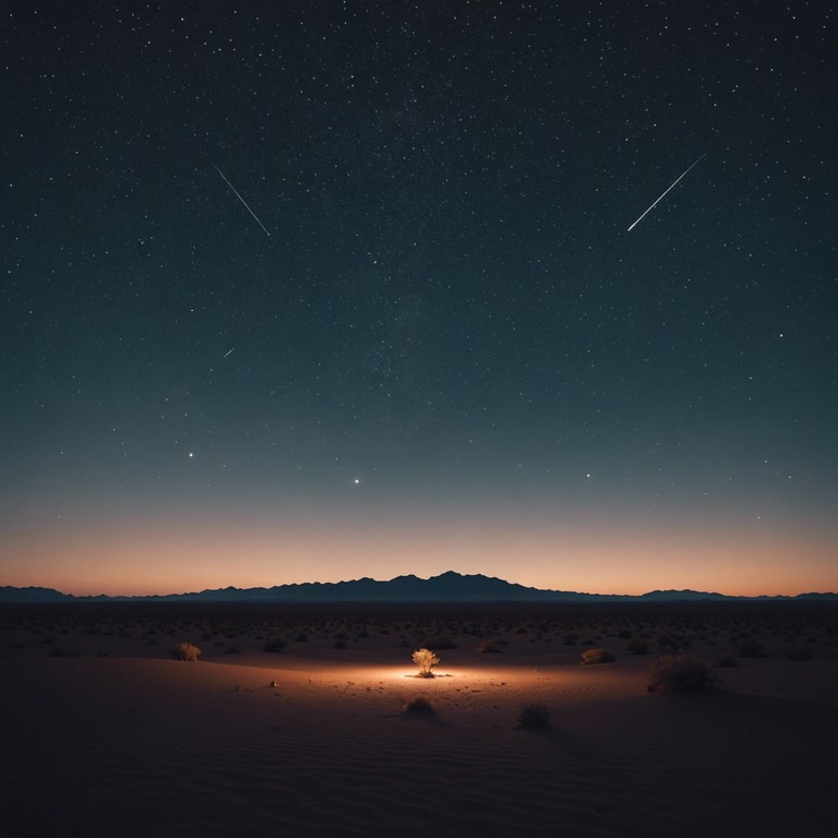 This alternative version amplifies the eerie tranquility of a desert at dusk, using sparse guitar strums to underscore the vast and unsettling silence surrounding the endless sands and looming shadows.