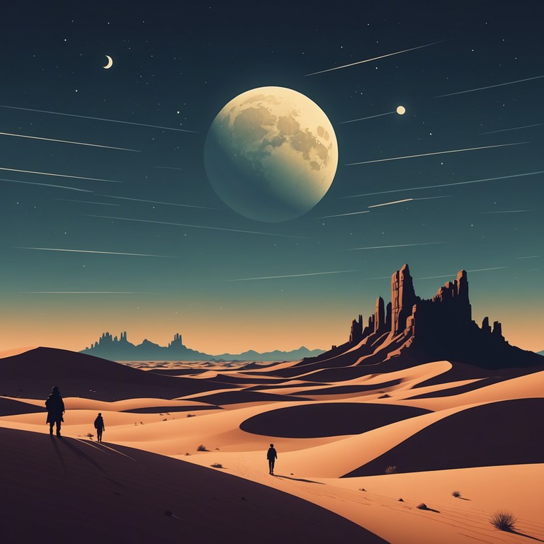 Dreams under starlit dunes is a sonic exploration that mixes the haunting beauty of arabian nights with the lively essence of electro pop. This alternative version intensifies the middle eastern elements, featuring more pronounced percussion and a deeper immersion into the cultural sound, enveloping the listener in a dance of shadow and light under a desert moon.