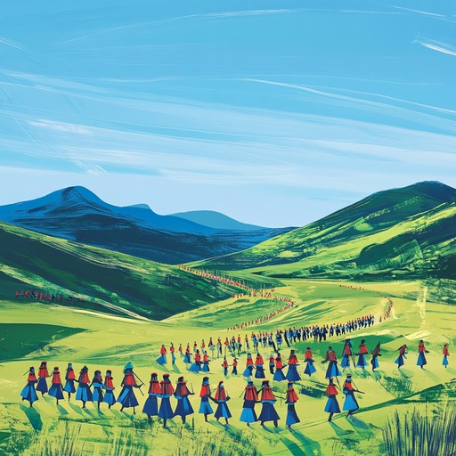 A lively instrumental that fuses traditional celtic melodies with a modern twist, featuring bagpipes leading a procession like rhythm that evokes imagery of proud highland clans marching together.