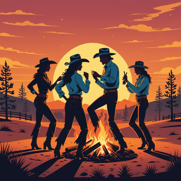 Imagine a fusion of classic western guitar tunes with a lively, upbeat rhythm, perfect for a joyful ride across sunlit plains. This track combines traditional western instruments with a burst of playful energy, evoking images of cowboys and cowgirls dancing around a bonfire.