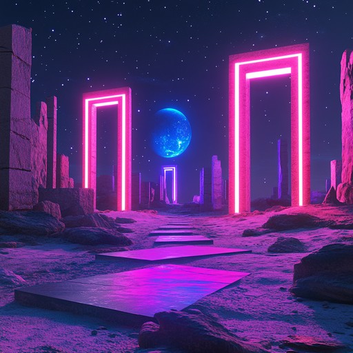 Explore a futuristic cyberpunk landscape amidst ancient desert ruins.