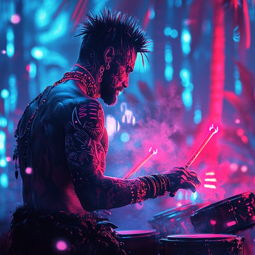 An electrifying instrumental piece combining pulsating techno beats with primal tribal percussions, creating an intense auditory experience that evokes a futuristic jungle uprising.