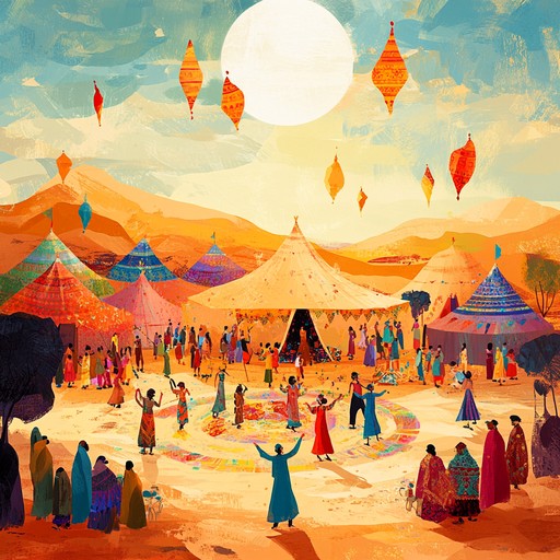 Experience the joy and vibrancy of a traditional middle eastern celebration through lively melodies and rhythmic percussion. This piece captures the essence of sunlit desert festivities, where communities come together in dance and merriment. The use of traditional instruments like the darbuka and oud adds authenticity and a rich cultural flavor to the composition.