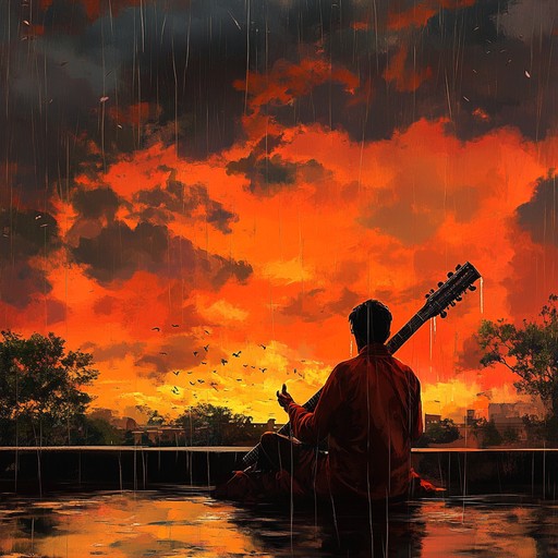 An instrumental track celebrating the monsoon season with hindustani classical flair. The engaging sitar rhythms and playful melodies exude joy, capturing festive rain dances and the vibrant spirit of nature during the monsoon. This track creates an uplifting and euphoric mood for listeners.