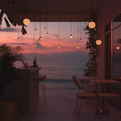 A relaxed and soothing bossa nova track with sophisticated guitar melodies and smooth rhythms, reminiscent of an elegant beach sunset. The music captures the gentle, breezy atmosphere of twilight by the coast.