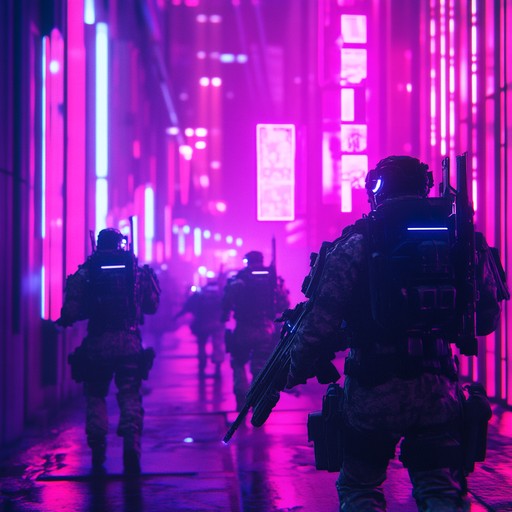 Experience an intense, futuristic march on a neon lit battlefield, driven by pulsating electronic beats and powerful brass ensembles. This track captures the essence of a high tech military operation, combining synthetic sounds with traditional military music elements to create an exhilarating and immersive experience.