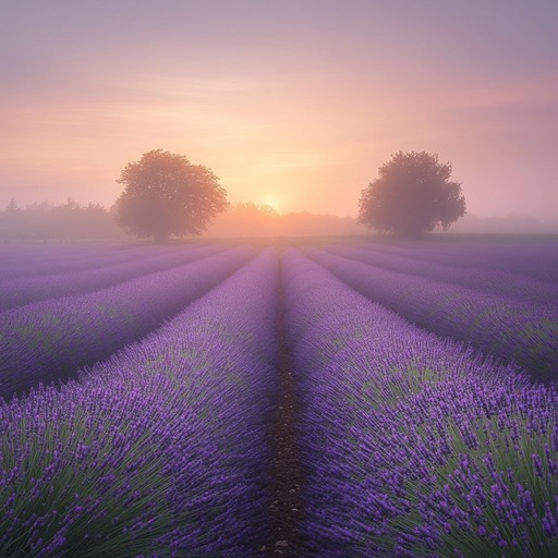 As the sun ascends, its rays gently kiss a sea of purple blossoms, translating the quiet majesty of dawn into soft, flowing melodies that reflect the promise of a new day.