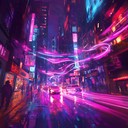 futuristic dubstep track pulsating with energy in neon city.