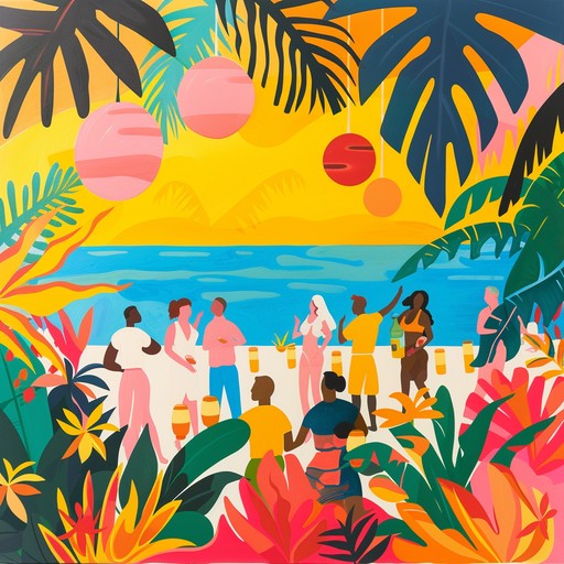 A sunlit track filled with laid back rhythms and joyful dub grooves that evoke a carefree tropical beach vibe, highlighted by the sounds of rhythmic guitar and vibrant bass.