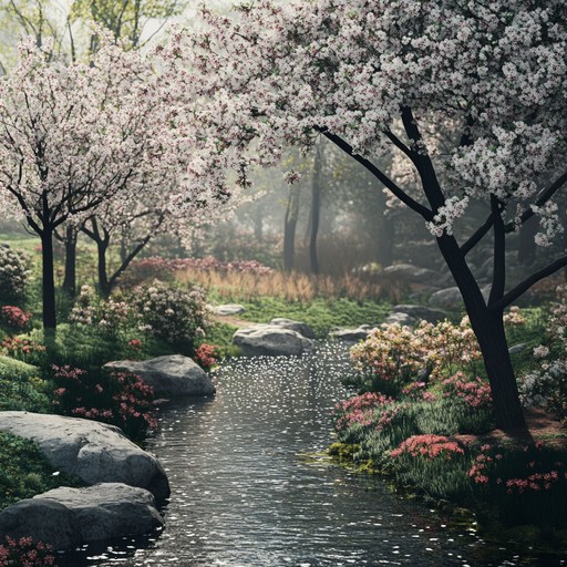 Imagine a serene garden in ancient china, where soft melodies from a pipa create a profound sense of peace, intertwined with subtle sounds of nature. The music captures the intricate beauty of oriental landscapes and the philosophical depth of its ancient culture.