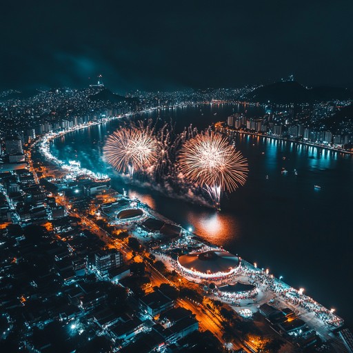 Imagine the heart thumping beats of samba and the whistle piercing through as revelers dance under rio's skyline, illuminated by fireworks and filled with smiles, creating an unforgettable atmosphere of exhilaration and freedom.