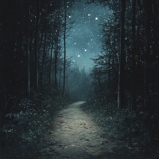 A calm yet dark instrumental song blending dreamy harp melodies with eerie night sounds, evoking the solitude of a midnight forest walk, combining serenity and mystique.