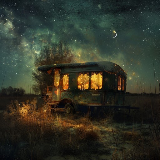 Travel through the mystical landscapes with a melody that narrates a story of a night-long journey in a gypsy caravan. The music should encapsulate the essence of a moving, spirited adventure under the moonlight, blending traditional gypsy motifs with hints of modern inflections.