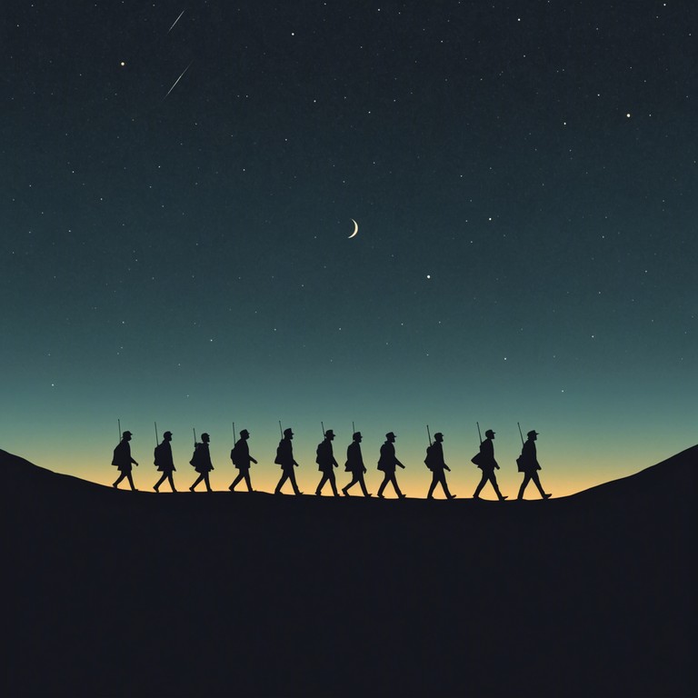 This composition is designed to transport the listener to a cold, moonlit environment where the steady, threatening rhythm of the drum conjures images of an army moving in perfect unison. The mood is tense, filled with the anxiety of looming conflict and the solemnity of a purposeful advance.