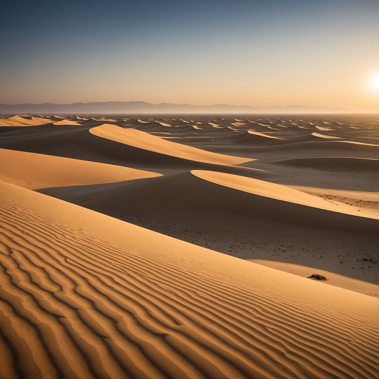 Imagine a musical piece that encapsulates the first light of day breaking over the vast, serene sahara desert. The composition starts with a gentle crescendo symbolizing the calm beauty of dawn, as it slowly builds in intensity with rhythms that echo the lively awakening of a new day across the endless sands.