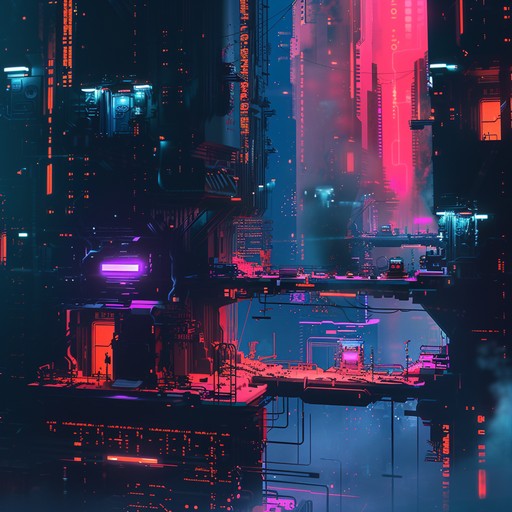 An intense cyberpunk track featuring haunting synth melodies, heavy beats, and a sense of foreboding in a dystopian cityscape drenched in neon lights.