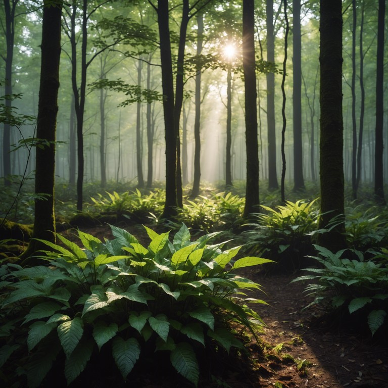 In this tranquil composition, the gentle rhythms of a drum set intertwine with the serene ambiance of a secluded forest at dawn. The piece captures the essence of nature's quiet majesty, transporting the listener to a world where each beat mimics the peaceful steps of woodland creatures and the whisper of leaves in a soft breeze.