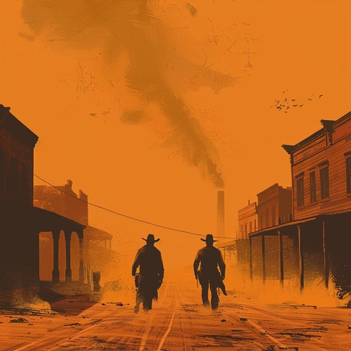 A dark, tension filled western instrumental capturing the ominous atmosphere of a high stakes standoff in a desolate ghost town. The haunting soundscape emphasizes the looming menace and inevitability of confrontation, with every note steeped in a sense of doom and foreboding.