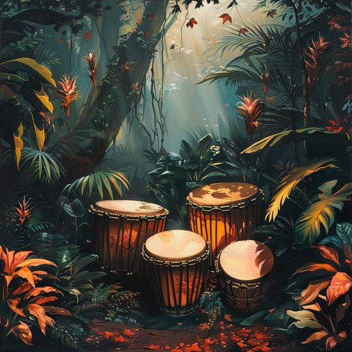 An intense drum n bass track with exotic percussions echoing through dense, mysterious jungles and intertwined with futuristic powerful bass lines to evoke a sense of adventure and excitement.