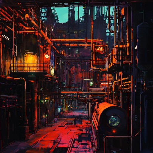 A pulsating industrial rock track that blends mechanical sounds, electric guitar riffs, and dynamic percussion to create an electrifying and futuristic atmosphere