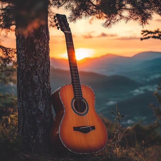 A gentle, instrumental bluegrass track featuring mellow acoustic guitar and fiddle melodies that transport listeners to a tranquil mountain landscape at sunset, embracing the calm and beauty of nature.