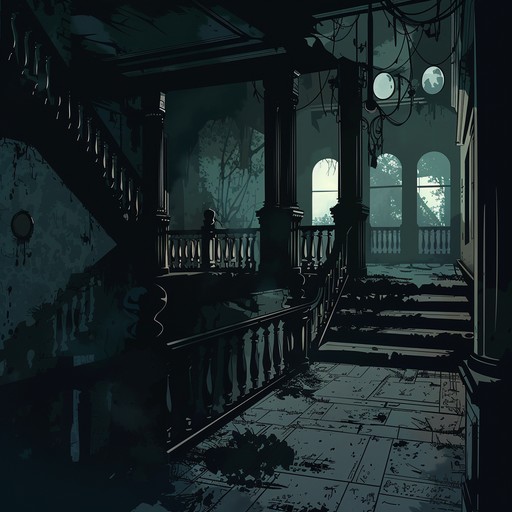 Echoes of mysterious whispers and unsettling noises seeping through the decaying walls of an abandoned mansion, creating a chilling and unsettling atmosphere as shadows flicker in the moonlight.