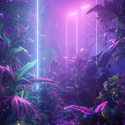 Journey through a neon jungle with ethereal synths, alien soundscapes, and hypnotic beats, evoking a sense of otherworldliness and transcendent experiences