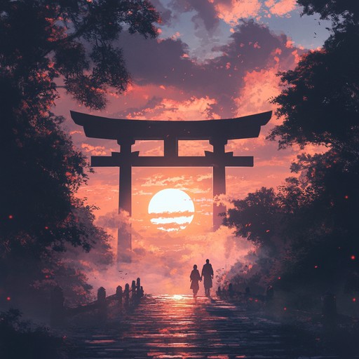 Embodying the mystique of ancient lands, the track combines rhythmic taiko drums and melodic shakuhachi with orchestral layers, conveying the magical essence of dawn in a mythical anime landscape, evoking feelings of awe and enchantment.