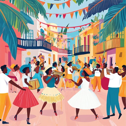 An energetic and uplifting instrumental track that blends traditional afro cuban percussion with lively piano melodies and vibrant horn sections, capturing the essence of a joyful street festival in havana