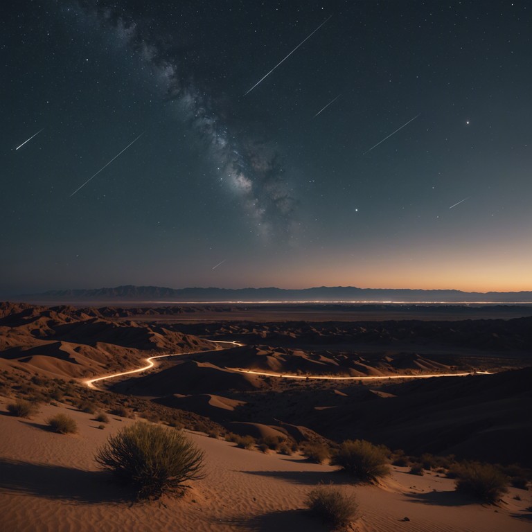 Echoing through the enchanting desert night, this composition calls to the peaceful solitude and profound beauty of expansive sands under a star filled sky.