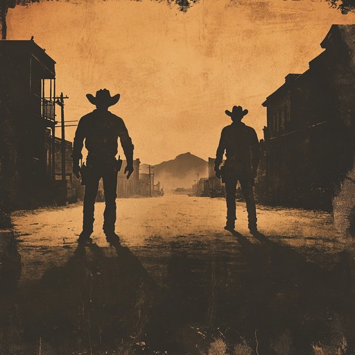 A high octane country track embodying the rugged spirit of the wild west, with raw banjo strings, pounding percussion, and dominant harmonica underscoring the tension and drama of a prairie duel.