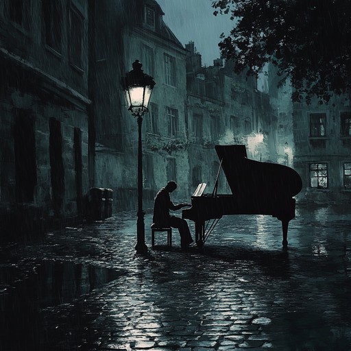 A lonely pianist plays under a dim streetlight, the notes falling like raindrops, creating an atmosphere of sorrow and solitude. The music flows with a wistful elegance, capturing the heartache of a soul wandering through a silent city. Each note carries deep emotional weight, painting a picture of lost love and lingering memories.