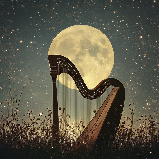 A soothing composition that features delicate harp melodies, wrapped in ambient sound layers, designed to ease the mind and body into a restful sleep, invoking images of serene moonlit nights.