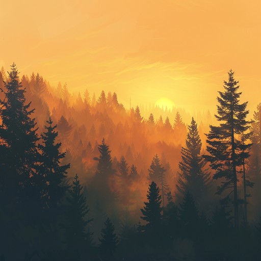 A gentle instrumental track featuring soothing acoustic guitar melodies, light percussion, and soft background harmonics. The sound aims to encapsulate the tranquility of a sunset viewed through lush forest pines, bringing a sense of calm and reflective peace. Suitable for relaxation, meditative sessions, or as a calming background. Lightly strummed strings blend seamlessly with subtle folk rock elements, creating an atmosphere that's both nostalgic and comforting.