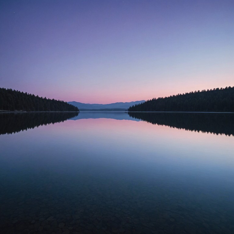 Imagine a gentle melody played on an acoustic guitar, echoing the serene dusk settling over a quiet lake. The song flows softly, drawing out a calming, reflective atmosphere as shades of purple and orange blend in the sky's canvas.