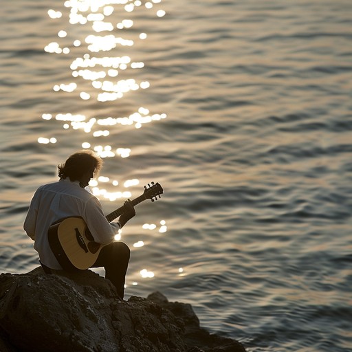 A tranquil guitar performance infuses the air with rhythmic bossa nova vibes, capturing the essence of evening breezes along a picturesque brazilian coast. The piece is a harmonious blend of traditional and contemporary styles, delivering a sense of peace and relaxation.