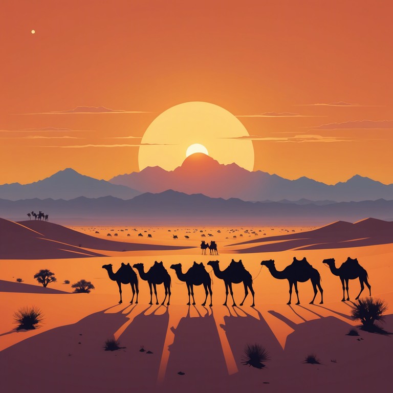 Imagine a vigorous journey through vast, desert landscapes, underscored by a rhythmic blend of tribal beats and soul stirring ethnic flutes. The music mimics the swift movements of a nomadic tribe, seamlessly transitioning through tempos that depict both danger and the exhilaration of moving towards an unknown destiny.