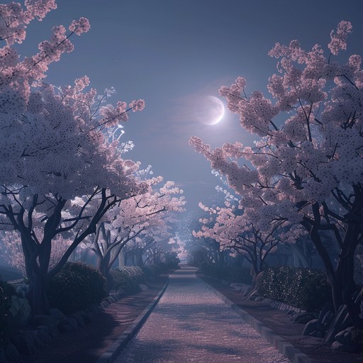 A j pop instrumental piece capturing the essence of a quiet midnight stroll under blooming sakura trees. Gentle synths intertwine with delicate piano notes, creating a profoundly emotional atmosphere. The melody encapsulates the fleeting beauty of cherry blossoms and the bittersweet memories of past springs.