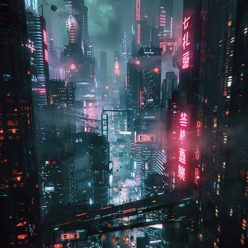 Crafting a darkly atmospheric, futuristic bass track with dense, brooding beats, distorted synths, and industrial echoes, capturing the essence of a dystopian world submerged in neon lights and shadows. Perfect for evoking a sense of unease, tension, and futuristic contemplation