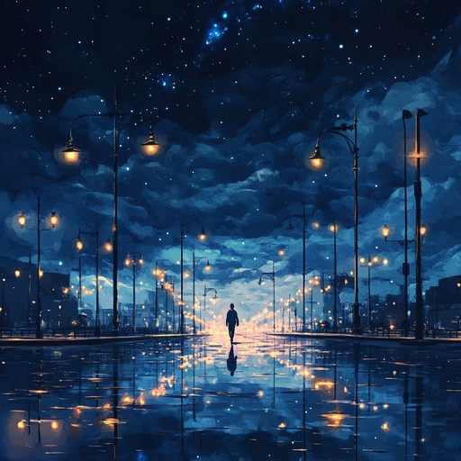 An atmospheric instrumental piece blending smooth electronic sounds and gentle melodies to capture the introspective mood of wandering through silent city streets at night, evoking reflections of urban life under shimmering streetlights