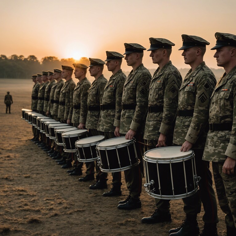 Imagine a piece where each beat of the snare drum is synchronized with a soldier's step, designed to motivate and energize troops. It conveys the unity and determination of forces assembling to uphold their honor and duty.