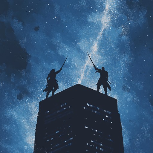 As night engulfs the city, with towering skyscrapers casting long shadows, the last two warriors face each other in a decisive battle. The air is charged with electricity and anticipation, underscored by a dramatic, fast paced soundtrack that mirrors every movement in this cinematic fight scene.