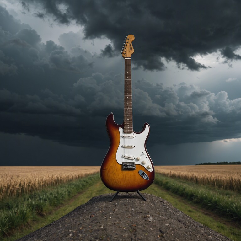 Imagine a tumultuous storm of electric guitar sounds crashing against the calm of a serene, expansive landscape. This contrast creates a chaotic yet intriguing atmosphere, weaving an auditory tale of harmony amidst chaos, inspired by rock's dynamic power and the tranquility of nature. This sound journey suggests a metaphoric struggle between inner turmoil and external peace.