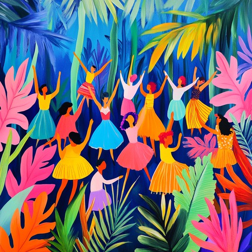 A joyful, rhythmic celebration in a sunlit jungle setting, featuring tribal drum beats, energetic chants, and natural sounds, invoking images of carefree dancers in sync with nature
