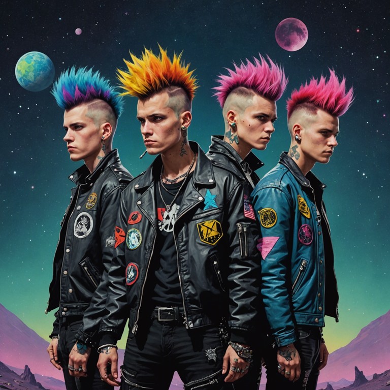 Imagine a rugged punk anthem vibrating through the expanse of space, where solidarity meets the wild unknown. The track echoes the fervor and rebellious spirit of an anarchistic revolution on a distant, desolate planet, embracing chaos and freedom against a backdrop of stars and void.