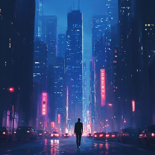 A smooth blend of ambient synth melodies and futuristic beats, capturing the essence of a neon soaked metropolis at night, evoking a sense of tranquil exploration in a cybernetic landscape.