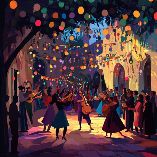 An upbeat instrumental piece that captures the festive spirit of middle eastern celebrations, featuring lively melodies played on the oud and driving rhythms from traditional percussion instruments. The song evokes images of joyous gatherings under the night sky, with vibrant dances and a communal atmosphere of happiness and togetherness.